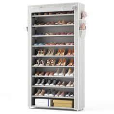 a white shoe rack filled with lots of shoes