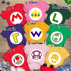 the top ten super mario bros t - shirts are shown in different colors and sizes