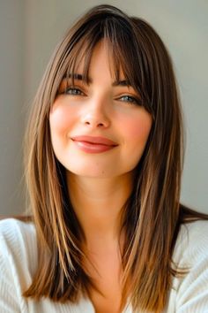 Med Straight Hairstyles, Mid Length Fringe Hair, Mid Length Hair With Fringe Bangs, Mid Length Hair With Bangs Straight, Straight Bangs With Medium Hair, Katherine Mcphee Hair, Curtain Bangs Fine Hair Straight, Shoulder Length Hair With Bangs Straight, Subtle Layers Medium Hair