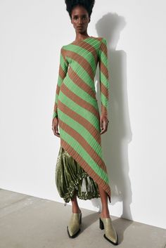 Bias Dress, Petar Petrov, Knitwear Fashion, Slim Fit Dresses, Green Stripes, Hazelnut, Mid Calf, Ribbed Knit, New Arrivals