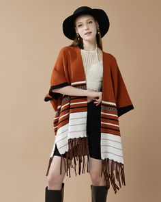 Western Striped Fringed Ruana Poncho Sweater Cardigan - Rust Poncho Sweater, Knitting Materials, Medium Weight, Warm Water, Sweater Cardigan, Cold Water, Rust, Composition, Knitting