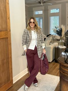 Maroon track pants, plaid blazer, silver sneakers Silver Sneakers, Plaid Blazer, Fall Street Style, Seasonal Fashion, Fashion Sneakers, Fall Trends, Track Pants, Sneakers Fashion, Casual Chic