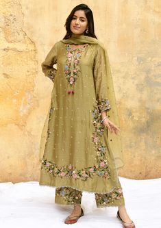 Niti Bothra-Olive Green Orchid Heavy Long Kurta Set-INDIASPOPUP.COM Niti Bothra, डिजाइनर कपड़े, Design Kurta, Gathered Fabric, Resham Embroidery, Green Orchid, Womens Trendy Dresses, Designer Kurtis, Embroidered Pants