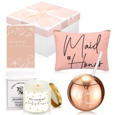 gifts for the bride and groom on their wedding day, including a pink gift box