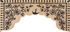 an embroidered curtain with birds and flowers on the top, hanging from a wooden frame