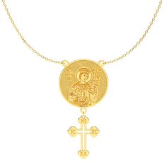 Experience a harmonious blend of devotion and elegance with our Rosary Style Custom Greek Orthodox Saint Necklace. This sacred accessory is not just a piece of jewelry but a pathway to contemplation and connection with your faith. It features a customizable saint medal that allows you to carry your spiritual protector close to your heart, along with a cross. Available in both radiant solid gold and sterling silver, its modern design is matched with traditional rosary inspiration, making it a perfect choice for those who seek a contemporary yet meaningful expression of their faith. Spiritual Yellow Gold-plated Necklaces, Spiritual Yellow Gold Plated Necklaces, Yellow Gold Plated Spiritual Necklace, Yellow Gold Pendant Jewelry For Blessing, Spiritual Yellow Gold Necklace With Polished Finish, Symbolic Yellow Gold Cross Jewelry, Gold Plated Spiritual Jewelry For Blessing, Spiritual 14k Gold Coin Pendant Necklace, Yellow Gold Spiritual Necklace With Adjustable Chain