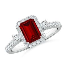 a red and white diamond ring on a white background with the center stone surrounded by diamonds