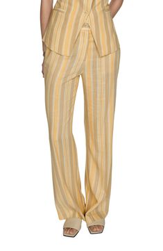 Variegated stripes and buttery hues animate these summery pants cut from a linen-kissed fabric. Zip fly with button closure Cotton lining 85% viscose, 15% linen Dry clean or machine wash, line dry Imported Elegant Striped Linen Bottoms, Striped Linen Bottoms For Spring, Chic Striped Linen Bottoms, Striped Linen Beach Pants, Spring Striped Linen Pants, Striped Linen Pants For Spring, Striped Wide-leg Linen Pants, Striped Linen Wide-leg Pants, Striped Linen Wide Leg Pants For Summer