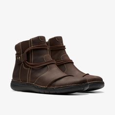 Women Un Loop Up Dark Brown Leather Boots | Clarks US Casual Walking Boots With Flat Heel, Casual Boots With Leather Footbed And Flat Heel, Casual Waterproof Boots With Leather Footbed For Fall, Comfortable Leather Slip-on Boots, Comfortable Slip-on Leather Boots, Casual Waterproof Ankle Boots For Walking, Casual Waterproof Boots With Leather Footbed And Round Toe, Casual Waterproof Ankle Boots With Stitched Sole, Comfortable Leather Boots With Removable Insole