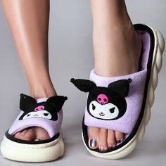 Sanrio Kuromi 3d Character Slides 100% Polyester Plush Detail Thick And Soft Eva Sole For Ultimate Comfort Cloud Soft Footbed Purple/Black Size Measurements: S: Fits Shoes Size 6-7 M: Fits Shoes Size 7-8.5 L: Fits Shoes Size 9-11 Jack Skellington Boots, Kuromi Clothes, Elf Slippers, Holiday Slippers, Christmas Slippers, Hello Kitty Accessories, Cute Dress Outfits, Sanrio Kuromi, Hello Kitty Items