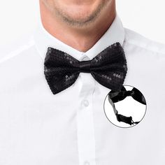 Sequin Black Pre-Tied Adjustable Length Bowtie Sequin Classic pre tied 2 inch bow tie can fit up to a 20 inch neck Pre-tied Decorative Bow Tie For Black Tie Events, Pre-tied Bow For Black Tie Occasion, Tuxedo Bow For Black-tie Events, Adjustable Classic Bow Tie For Party, Pre-tied Decorative Bow Tie For Party, Pre-tied Bow Tie For Party, Fitted Pre-tied Bow For Party, Classic Party Tie With Decorative Bow, Pre-tied Bow Tie For Black Tie Events