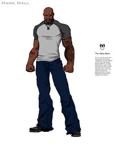 a drawing of a man in jeans and a t - shirt with his hands on his hips