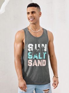 Gris Casual Collar sin mangas Tela tejida Letras,Tropical,Plantas  Embellished Elástico Ligero Fabric Letters, Grey Tank Top, Gray Tank, Tropical Plants, Men Clothing, Letter Prints, Palm Trees, Knitted Fabric, Surfing