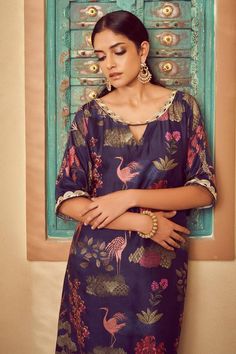 Blue bemberg silk kurta with floral print and sequins hand embroidery. Comes with pant. - Aza Fashions Blue Silk Kurta With Floral Print, Festive Silk Kurta With Digital Print, Designer Silk Kurta With Digital Print, Silk Palazzo Set With Digital Print For Designer Wear, Silk Kurta With Digital Print For Diwali, Elegant Silk Kurta With Digital Print, Silk Floral Print Kurta For Diwali, Diwali Silk Kurta With Floral Print, Elegant Silk Palazzo Set With Digital Print