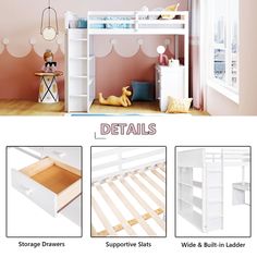 the bunk bed is made with white wood and features storage drawers, shelves, and built - in ladders