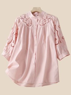 Women's Blouse Hollow Out 3/4 Lantern Sleeve Embroidered Shirt Stand Collar Loose Blouse Spring Floral Embroidered Half Sleeve Top, Spring Blouse With Floral Embroidery And 3/4 Sleeves, Half Sleeve Blouse For Daywear, Spring, Summer Blouse With Floral Embroidery And 3/4 Sleeve, Feminine 3/4 Sleeve Blouse For Daywear, Cotton Blouse With Floral Embroidery And 3/4 Sleeves, Spring Daywear Shirt With 3/4 Sleeves, Embroidered Cotton Top With 3/4 Sleeves, Pink Cotton Blouse With 3/4 Sleeves