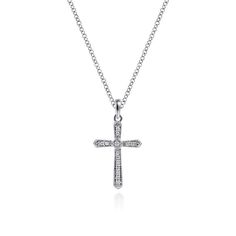 14kt. White Gold pave diamond cross with milgrain edging. (.07ctw) Diamond Cross Necklace, Diamond Cuff Bracelet, Pearl Bracelet Gold, Diamond Cross Necklaces, Gold Rings Stackable, Diamond Fashion Rings, Diamond Cross Pendants, Diamond Cross, Sterling Silver Hoop Earrings