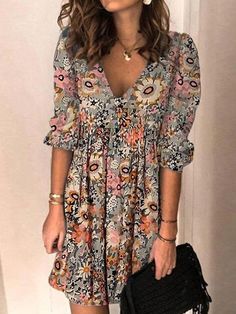 Women's Vintage Floral V-Neck Casual Dress Casual Tunic Dress, Vestidos Retro, Printed Casual Dresses, Casual Tunics, Vestido Casual, Mini Dresses Summer, Pink Mini Dresses, Types Of Dresses, Dress Size Chart