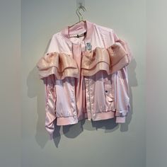 Nwot Size Small Akira Light Pink Zip Up Jacket\Cute Feminine Girly Ruffled Jacket Trendy Long Sleeve Outerwear With Ruffles, Spring Long Sleeve Outerwear With Ruffles, Pink Ruffled Long Sleeve Outerwear, Varsity Jacket Women, Ruffle Jacket, Varsity Jackets, Green Vest, Zip Up Jacket, Outfits Ideas