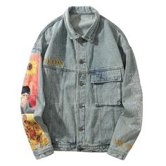 The perfect piece for those of you who want to make a statement. The denim jacket with Van Gogh’s Sunflower painting is not only a jacket coat, but also an artwork with soul. The vintage jacket that we appreciate helps us to be alive and rich from the heart. The detailed design of the denim jacket is great, super embroidery and printing technology, oversize jacket for couples, never shed, decolorize and deform, durable and comfortable for the perfect layering look on a chilly day or night out! T Jackets Streetwear, Patchwork Denim Jacket, Patchwork Embroidery, Embroidery Denim, Casual Denim Jacket, Top Streetwear Brands, Outwear Fashion, Vintage Jean Jacket, Embroidered Denim Jacket