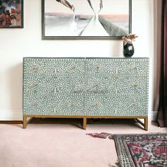 Scroll Vine Bone Inlay 6 Drawer Dresser Green 1 Dresser Green, Marble Inlay Designs, Bone Inlay Dresser, Sofa Bar, Bone Inlay Furniture, Inlay Furniture, 6 Drawer Chest, Mother Of Pearl Inlay, At Home Furniture Store