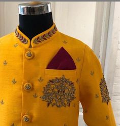 Being an industrial leader we bring out an exclusive designer kids royal sherwani. A stunning kids mustard sherwani indowestern specially design for kids birthdays and party. This Collar Neck and Full Sleeve Hand Embroidered attire is Allured with Buttons, Zari, Beads, Stone, Bullion and Applique work. Note:-The outfits only include sherwani(kids suit) , for bottom do message us. Royal Sherwani, Sherwani Groom Wedding, Indowestern Sherwani, Kids Indian Wear, Suit Indian, Indian Suit, Sherwani Groom, Groom Wedding Dress, Applique Work