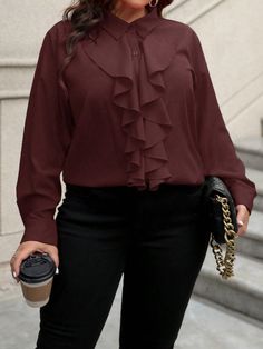 Plus Size Ruched Floral Hem Button Front Long Sleeve Casual Blouse Redwood Casual  Long Sleeve Fabric Plain Shirt Non-Stretch  Women Plus Clothing, size features are:Bust: ,Length: ,Sleeve Length: Burgundy Long Sleeve Shirt For Work, Burgundy Shirt For Fall Workwear, Burgundy Long Sleeve Shirt For Fall, Casual Burgundy Blouse For Fall, Fall Burgundy Shirt For Work, Burgundy Fall Workwear Shirt, Casual Burgundy Blouse For Work, Chic Long Sleeve Burgundy Blouse, Chic Burgundy Long Sleeve Blouse