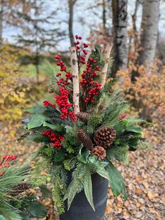 a potted plant with red berries and pine cones on it in the fall leaves