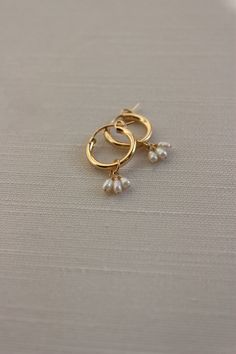 "Modern, minimal and fresh! These earrings feature a mini hoop that hugs the earlobe and a genuine tiny 2-3mm freshwater pearl cluster dangle. They are perfect for everyday wear! Lightweight and comfortable to wear. Wear them two ways - slide the dangle off to wear just the simple hoop earring. D E T A I L S Materials: 14K Gold Fill or Sterling Silver Closure: latch hook S I Z E S Measures appox. 1 1/4\" in length M A T E R I A L S With so many terms to describe gold jewelry, it can be confusing Delicate Tiny Hoop Jewelry, Tiny Delicate Hoop Jewelry, Everyday Pearl Drop Dangle Hoop Earrings, Dainty Tiny Hoop Earrings, Dainty Tiny Hoop Jewelry, Minimalist Teardrop Hoop Earrings With Pearl Charm, Delicate Gold Hoop Earrings For Everyday, Everyday 14k Gold Hoop Earrings With Pearl Charm, Delicate 14k Gold Filled Hoop Earrings For Everyday