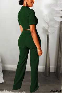 Olivia Mark - Emerald Green Solid Straight Short Sleeve Two-Piece Pants Set - Contemporary Casual Ensemble