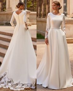 two different views of a woman wearing a wedding dress with long sleeves and an open back