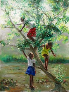 two children are climbing up a tree to reach the water's edge with their hands