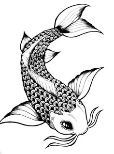 a black and white drawing of a koi fish with its tail curled up in the air