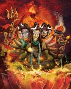 three deities sitting on top of each other in the middle of a fire filled sky