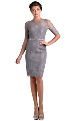 Nina Canacci M214 is a short fitted formal evening cocktail dress. featuring a sheer eyelash lace high neckline and lone 3/4 sleeves. Fitted solid lace knee length gown has eyelash lace hem. Perfect for wedding guest, Mother of the Bride/Groom, Formal & Semi formal events! Matching solid 3/4 cuff sleeve bolero jacket. Available Sizes: 6, 8, 10, 12,18 Available Colors: Grey, Black, Wine, Navy Knee Length Gown, Evening Cocktail Dress, Sleeve Bolero, Formal Cocktail Dress, Sheer Long Sleeve, Cocktail Evening Dresses, Bolero Jacket, Evening Cocktail, Lace Hem