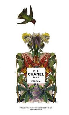 a bottle of chanel no 5 parfum surrounded by tropical flowers and birds