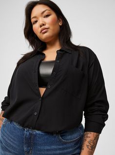 Lizzie Challis Button Up ShirtPlus Size Lizzie Challis Button Up Shirt, DEEP BLACK Cheap Black Blouse With Button Closure, Affordable Black Blouse With Button Closure, Cheap Black Button-up Top, Black Tops For Women Plus Size, Plus Size Black Tops Blouses, Button Down Shirt Plus Size, Black Button Up Shirt, Fall Flannel, Lace Short Sleeve Top