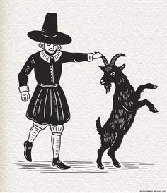 a black and white drawing of a man in a hat petting a goat's tail