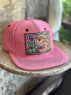 This hat has a hand-tooled leather patch added to front panel.  Herman Oak Leather 🇺🇸 Maker: Lauren McDowell Custom Cowboy Hats, Nifty Crafts, Cowgirl Accessories, Tooling Patterns, Felt Cowboy Hats, Leather Hat, Western Aesthetic, Leather Crafts, Leather Hats