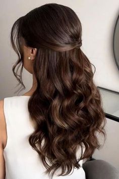 Elegant Half-Up Wavy Hairstyle For Long Hair Bridal Hair For Medium Length Half Up, Half Up Half Down Curly Bridal Hair, Bridal Hair Down Brown, Soft Curls Half Up Half Down, Wedding Hair For Off Shoulder Dress, Medium Length Hair Styles Formal, Graduation Hairstyles With Cap Curls, Half Up Half Down Hair Side Part, Half Up Curled Hairstyles