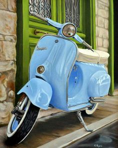 a painting of a blue scooter parked in front of a green door