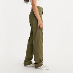 Stay on-trend with these Levi's women's utility straight-leg cargo pants. They're made from a stretch cotton-blend for a relaxed-fit and have a flat front, a button-zip fly, and front and back slip pockets. We love them styled with a crop top and sneakers for a laid-back look. Front Style: Flat FrontFeatures: Fly Front, Stretch FabricClosure Type: Button, ZipperFit: Relaxed FitPockets: 2 Back Slip Pockets, 2 Front Slip PocketsRise: At WaistFiber Content: 98% Cotton, 2% ElastaneFabric Description Olive Straight Leg Cotton Cargo Pants, Green Wide-leg Utility Cargo Pants, Affordable Ankle-length Utility Cargo Pants, Khaki Full-length Cargo Jeans With Side Pockets, Cotton Cargo Pants With Comfort Waistband, Straight Leg, Levis Women, Cargo Pant, Cargo Pants, Stretch Cotton