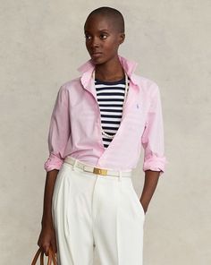 Striped Top Outfit, Pink Shirt Outfit, Ralph Lauren Looks, Polo Ralph Lauren Women, Casual Outfit Inspiration, Ralph Lauren Style, Twill Shirt, Polo Style, Ralph Lauren Outfits