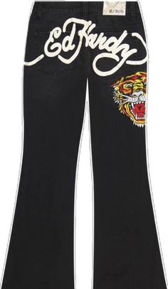 Designer Fitted Black Jeans, Designer Black Bottoms For Spring, Black Graphic Print Jeans, Designer Black Bottoms For Streetwear, Black Jeans With Graphic Print For Fall, Wide Leg Black Jeans, Ed Hardy Jeans, Ed Hardy, Jeans Women