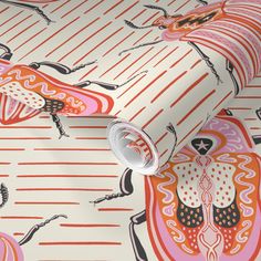 an orange and pink wallpaper with different designs on the surface, including zebras