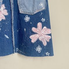 Hand painted patchwork denim dress Upcycled Blue Denim Skirt For Spring, Spring Blue Recycled Denim Skirt, Blue Recycled Denim Skirt For Spring, Overalls Aesthetic, Patchwork Denim, Pink And White Flowers, Patchwork Jeans, Upcycled Fashion, Dream Style