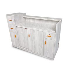 a white cabinet with orange handles and drawers