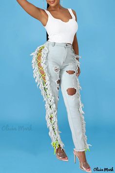 Olivia Mark - Premium Straight-Leg Denim Jeans featuring Delicate Light-Colored Tassel Ripped Accents Straight Denim Jeans, Vintage Summer Dresses, Lace Dress Long, Long Sleeve Lace Dress, Straight Leg Denim, Ripped Denim, Womens Clothing Stores, One Piece Swimwear, Two Piece Dress