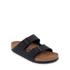 Walk down the street in comfort wearing these women's Birkenstock black Arizona slides. They feature a Birko-Flor® durable and easy-to-clean faux leather upper with a timeless open toe slip-on design, two individually adjustable straps with metal pin buckle closures for a customized fit, an anatomically shaped cork-latex footbed, a suede lined footbed, and an EVA outsole. | Birkenstock Women's Arizona Slide Sandal in Black Size EU 39/US 8-8. 5 Medium Birkenstock Styles, Birkenstock Black, Birkenstock Women, Boston Clog, Birkenstock Sandals, Comfort Wear, Birkenstock Shoes, Sandals Black, Slide Sandals