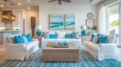 a living room filled with white couches and blue pillows